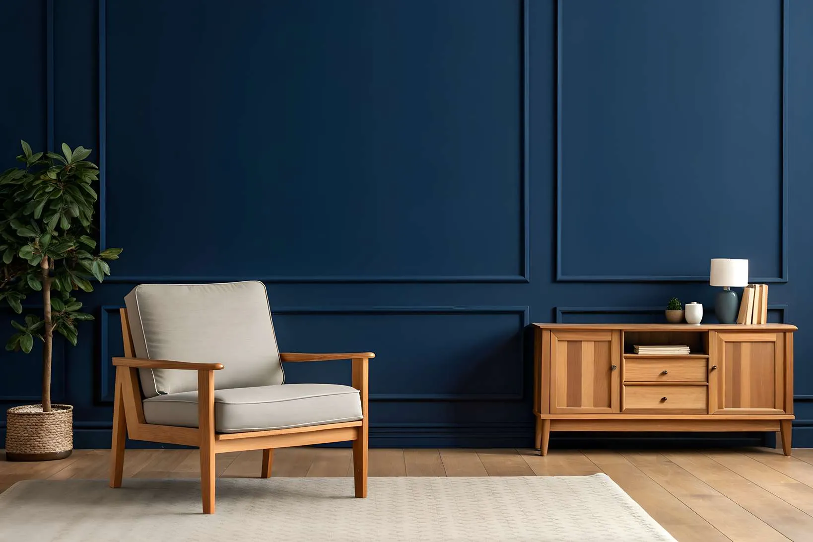 Dunkelblaue Akzentwand mit heller Einrichtung